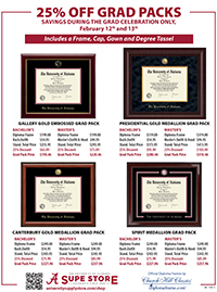 Special Pricing on February 12 and 13th for graduates who purchase a diploma frame.  Get 25% off when purchasing selected diploma frames and your cap and gown or get 20% off when just purchasing a diploma frame.