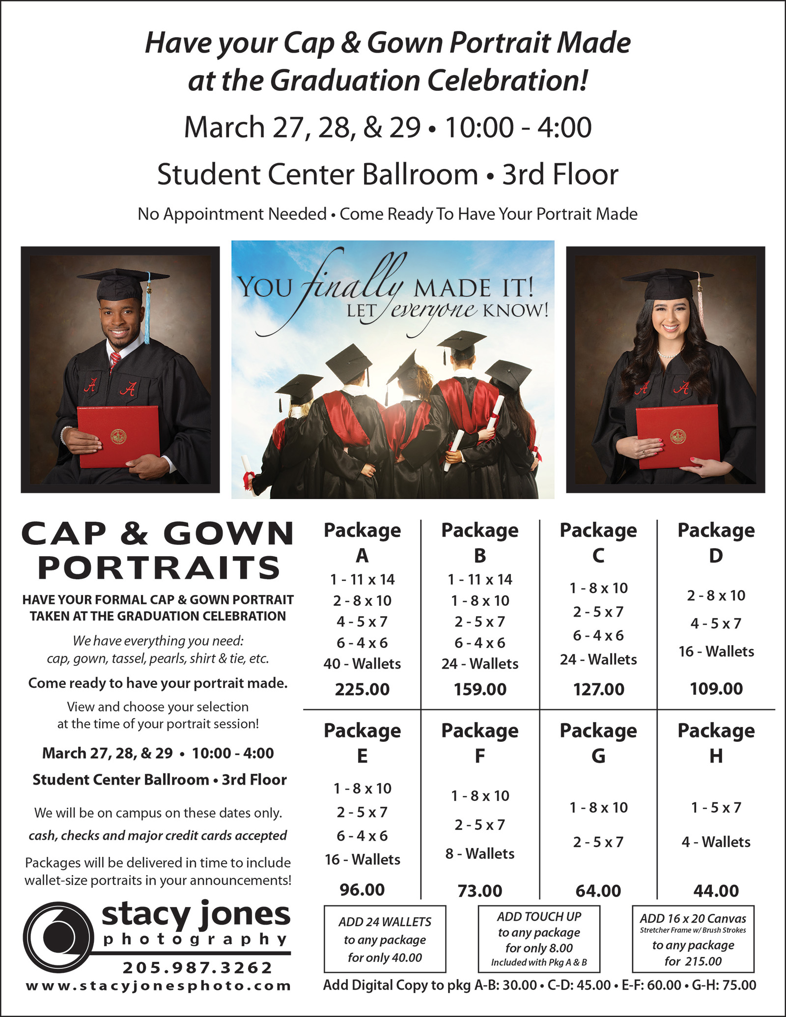 Have your Cap & Gown portrait made at Graduation Celebration by Photographer Stacy Jones