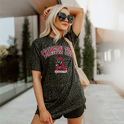 Alabama Crimson Tide Script A Leopard Loose Fit Crewneck Shirt