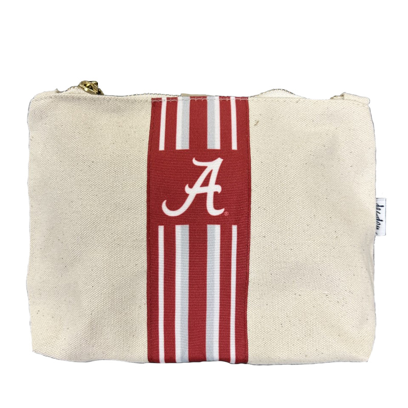 University of Alabama Christa Canvas Pouch with Zipper in NATURAL/CRIMSON Size 8 x 6 x 3