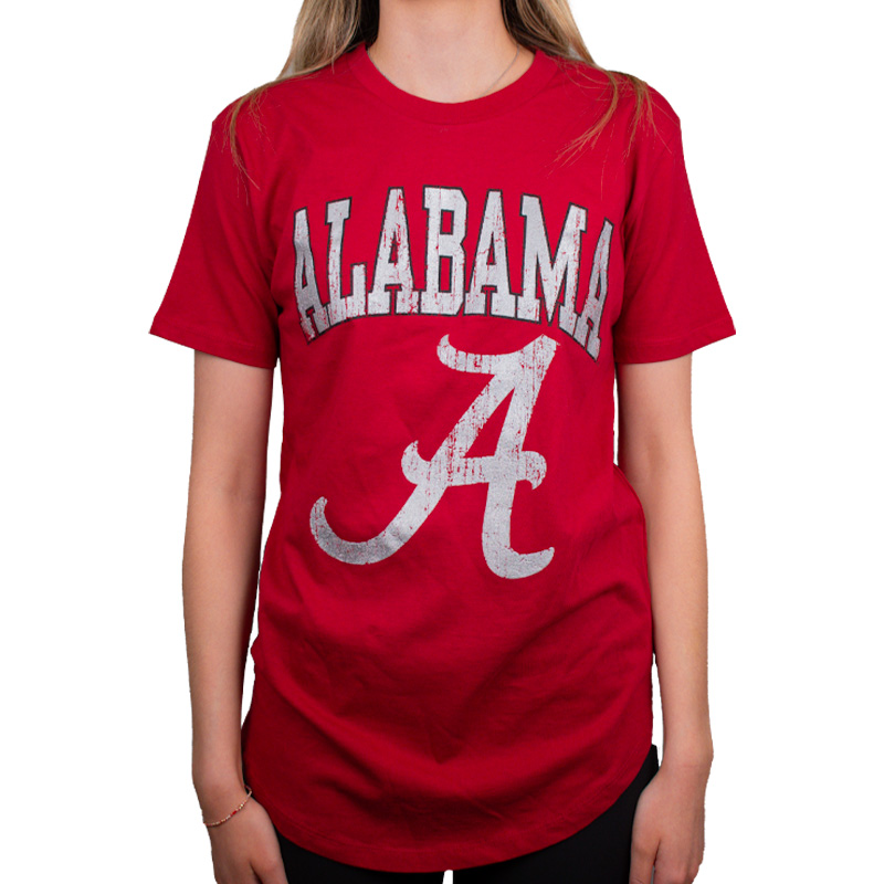 Alabama Over Script A Short Sleeve Crew Neck Rounded Bottom Shirt