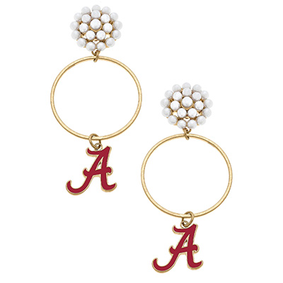Alabama Script A Logo Pearl Circle Earrings